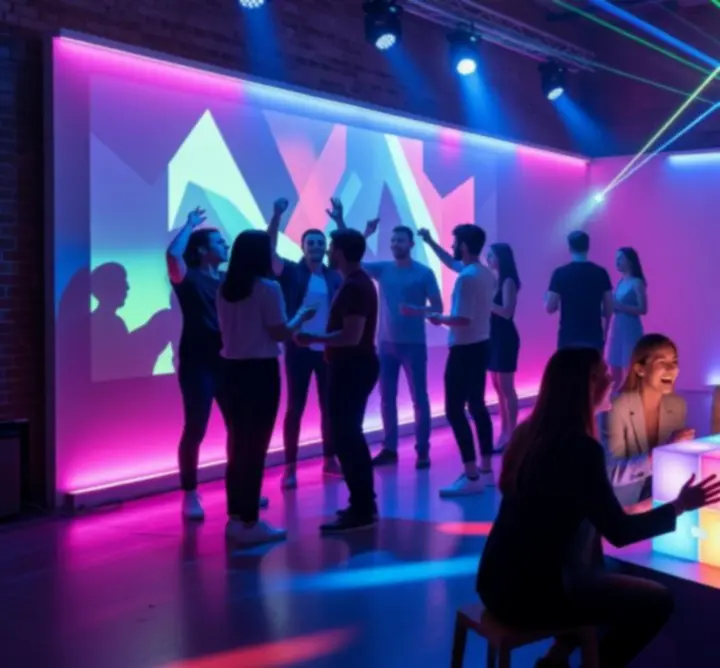 Barevně nasvícený moderní event představující vizi budoucích zážitků Jasnora.