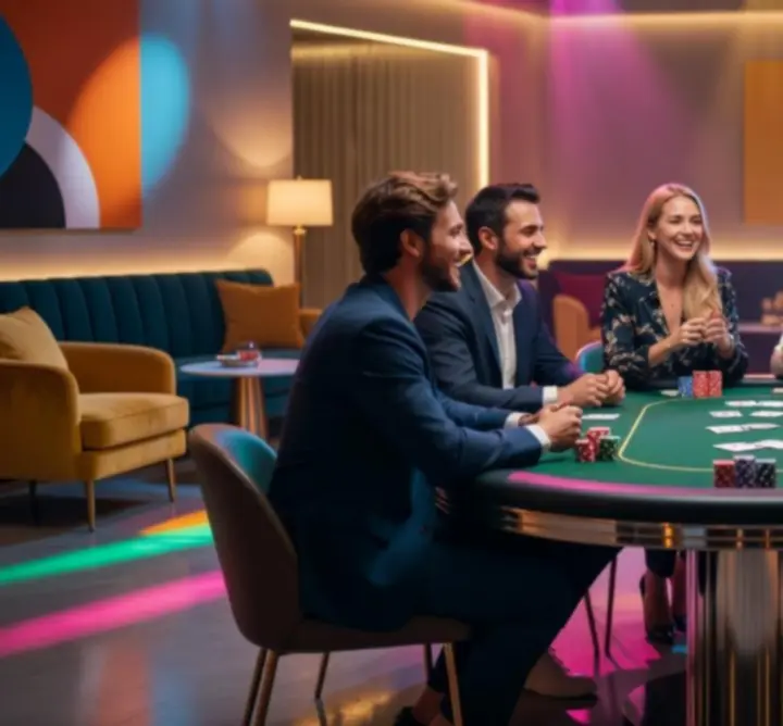 Skupina mladých lidí u moderního pokerového stolu v barevně nasvíceném prostředí