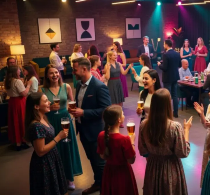 Moderní atmosféra privátní oslavy s barevným nasvícením a usměvavými hosty